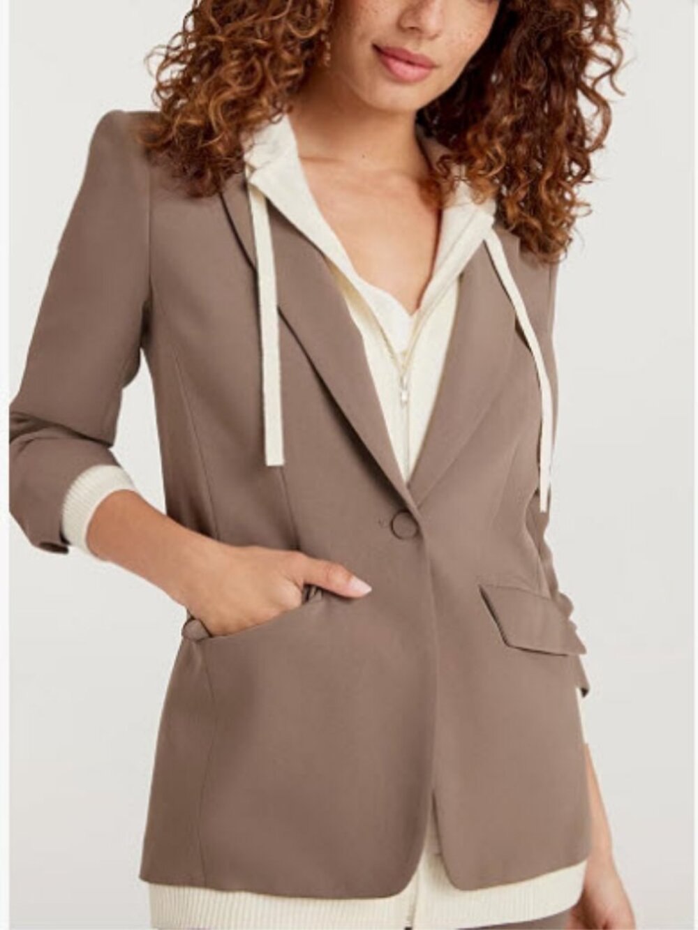 Cinq A Sept Taupe Ivory Ruched Wool Blend Crepe Hoodie Khloe Blazer Jacket 12